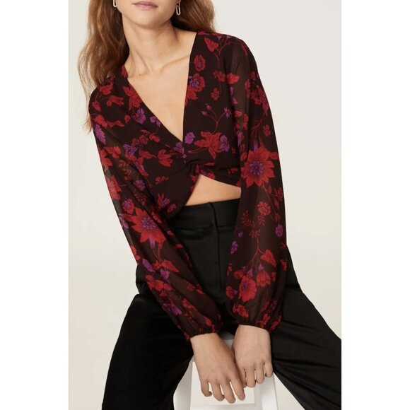 NWT Sanctuary Floral Chiffon Twist Front Crop Top w/ Balloon Sleeves - Picture 2 of 6